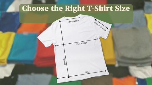 A white T-shirt is shown with measurement arrows and labels for neck width, sleeve length, flat chest, length, and hem, under the text 'Choose the Right T-Shirt Size.' Folded colorful T-shirts are blurred in the background.