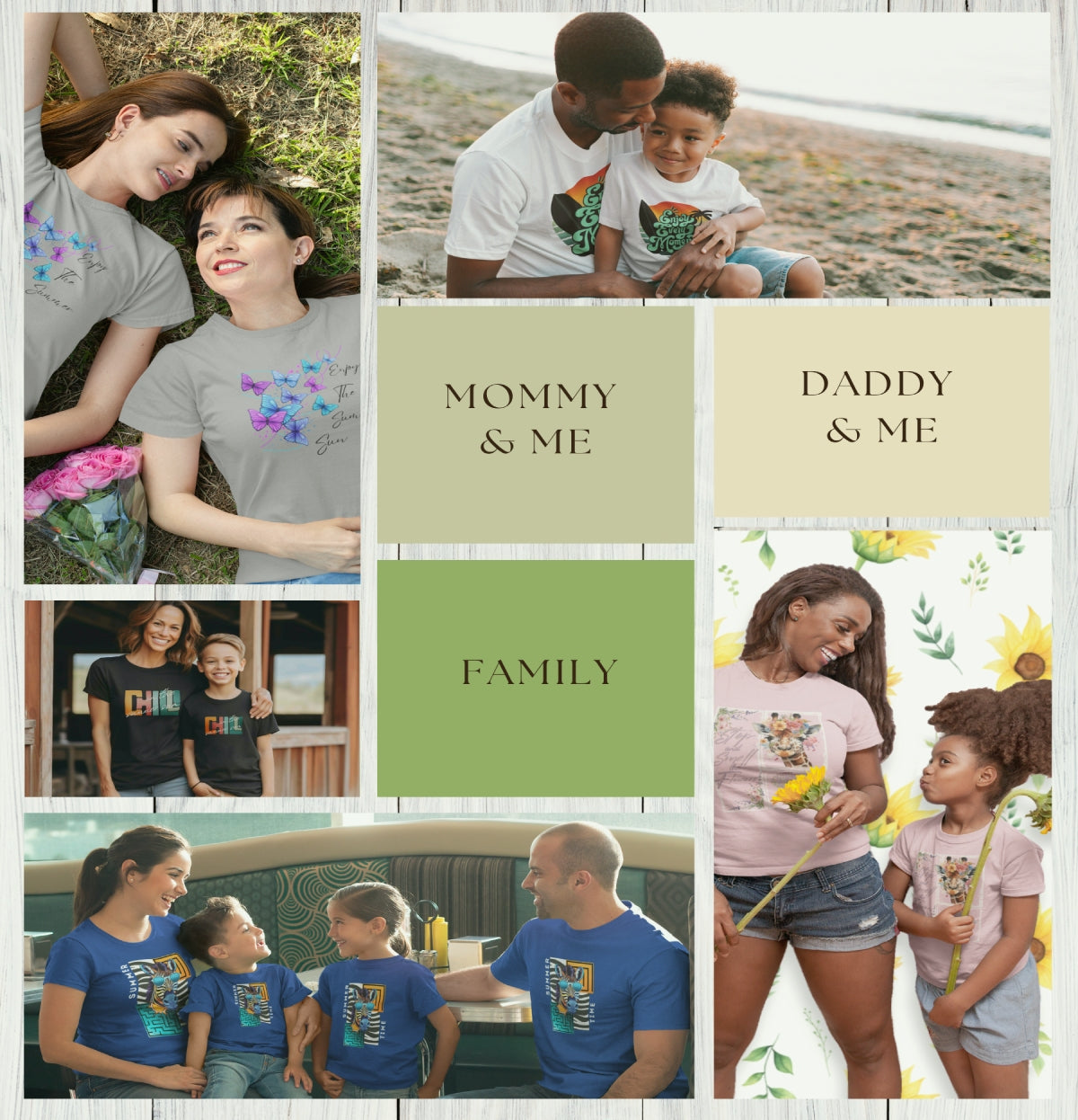 collage of images depicting families, words mommy & me, daddy & me, Family