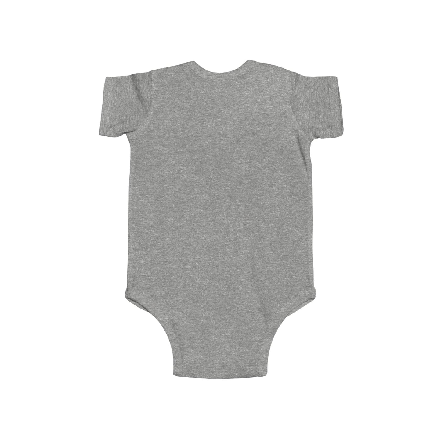 Back of a gray baby onesie on a white background
