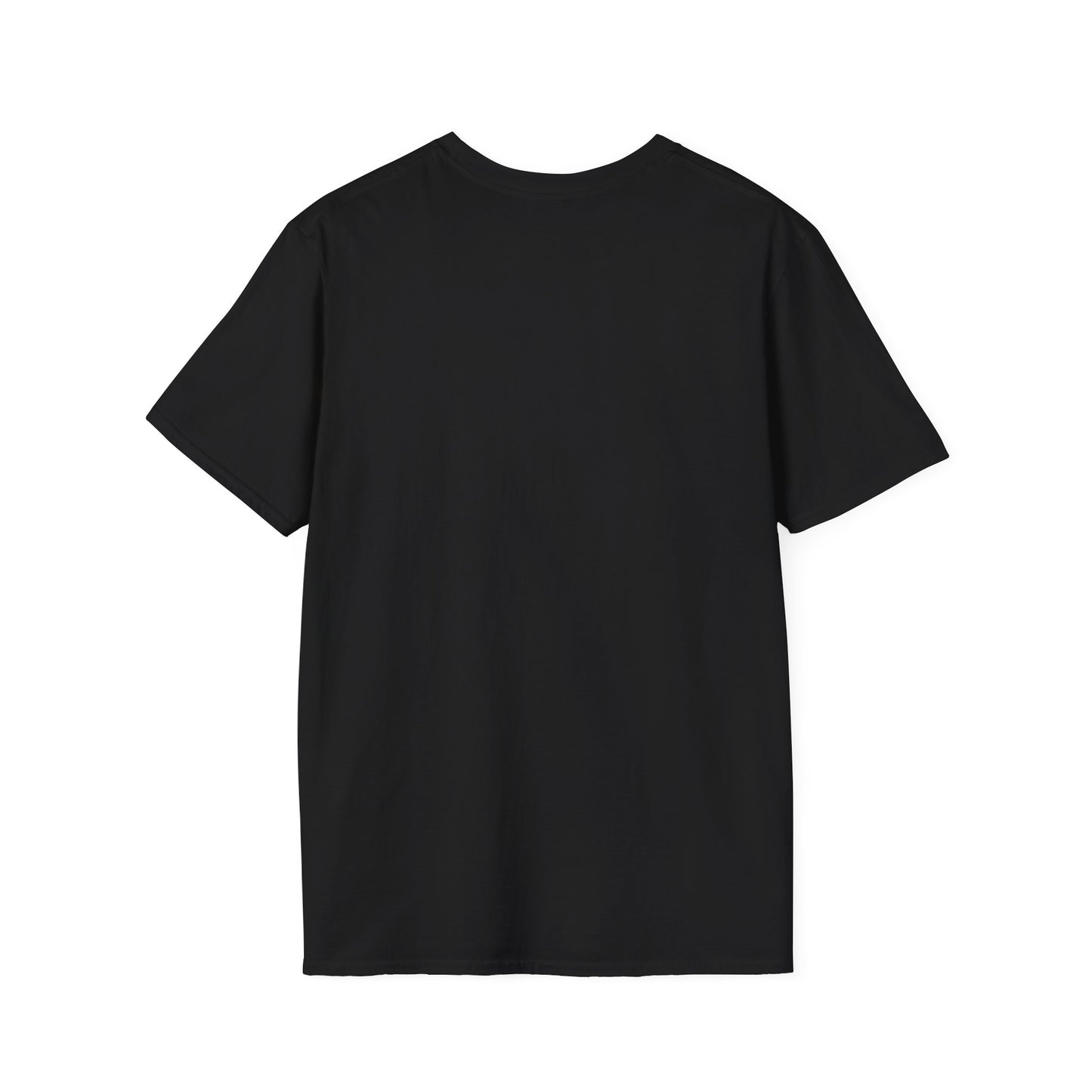 Back of a black t-shirt on a white background