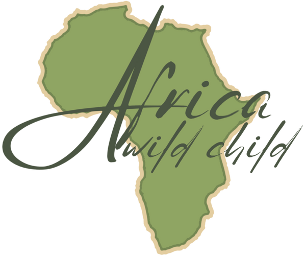 Africa Wild Child logo of the Africa continent and the words Africa wild child written in cursive font over it. 
