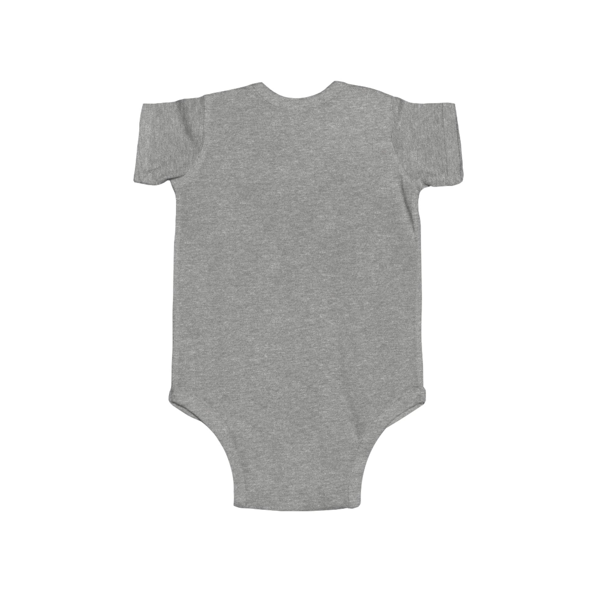 Back of gray baby onesie on a white background