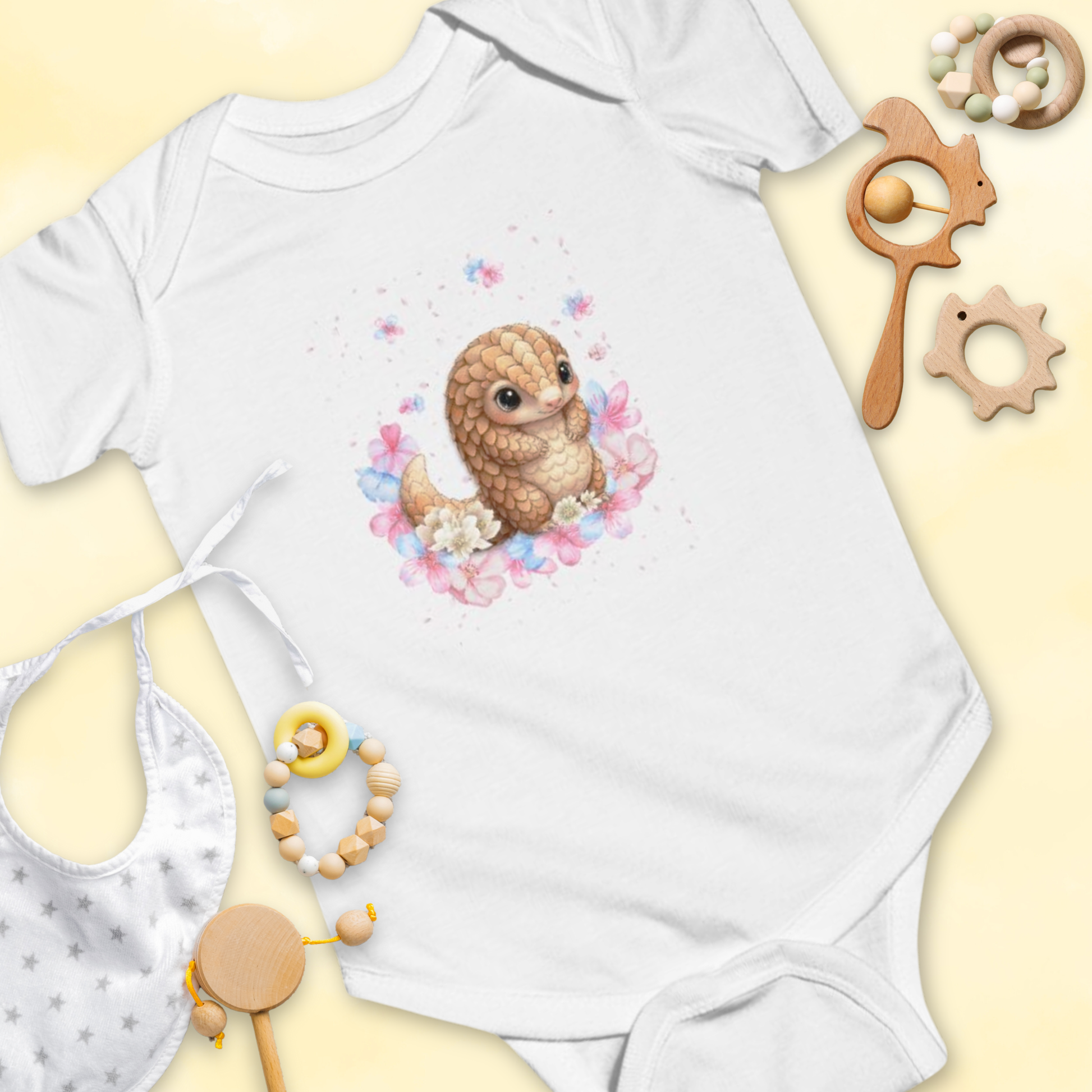 White baby onesie with a cartoon pangolin & flower design, surrounded by baby toys on a light yellow background.