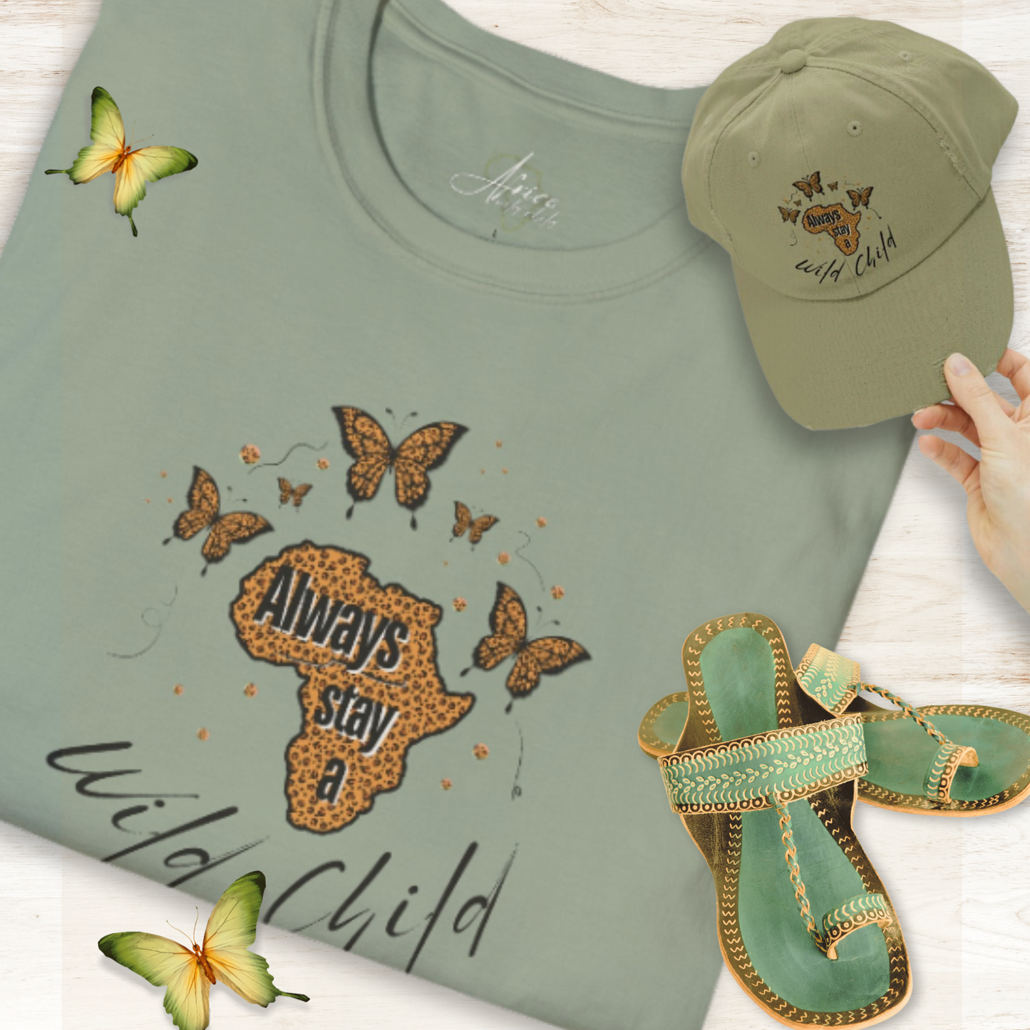 Butterflies Nature T-Shirt & Cap - Set in Shades of Green